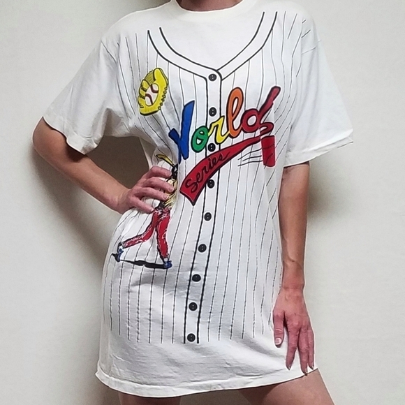 VINTAGE World Series Baseball Single Stitch Striped Crewneck Oversized Shirt - Picture 2 of 16